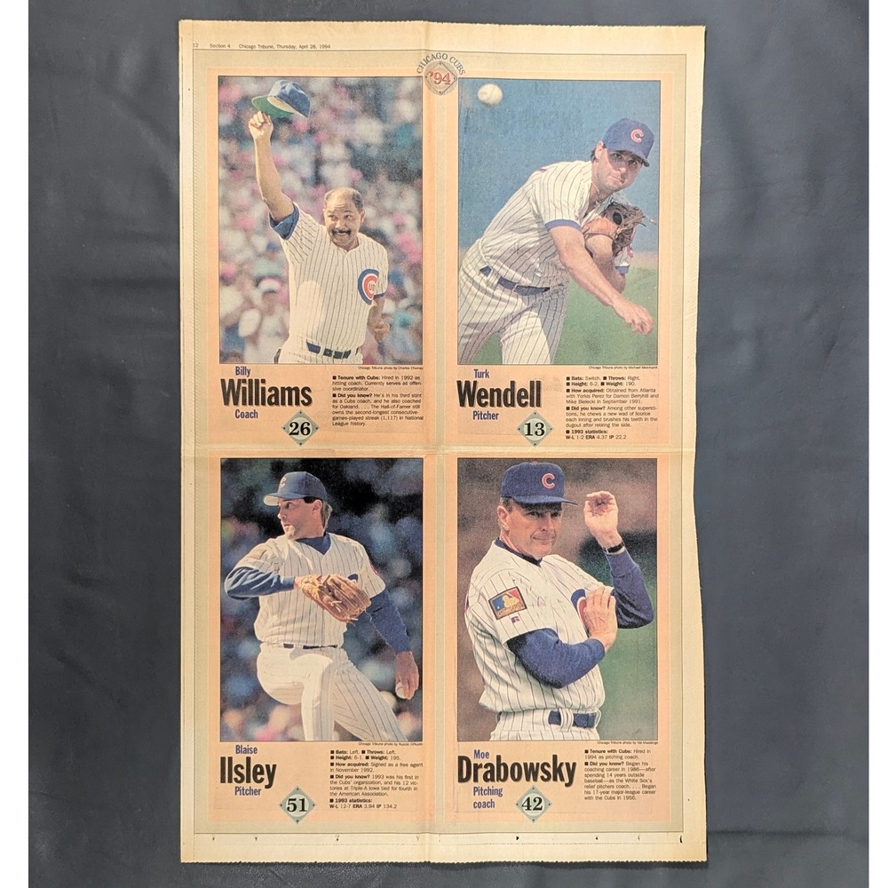1994 Chicago Tribune Chicago Cubs Cards Billy Williams Turk Wendell Newspaper
